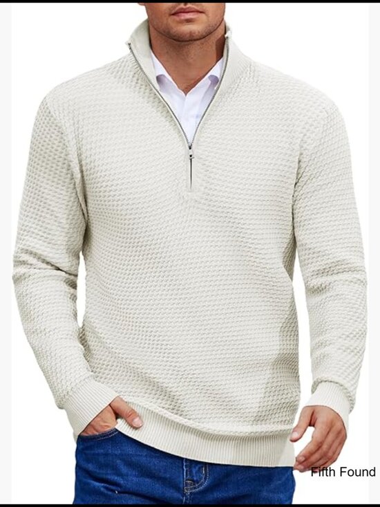 Slim Fit Quarter Zip Pullover Sweater Mock Turtleneck Waffle Knit